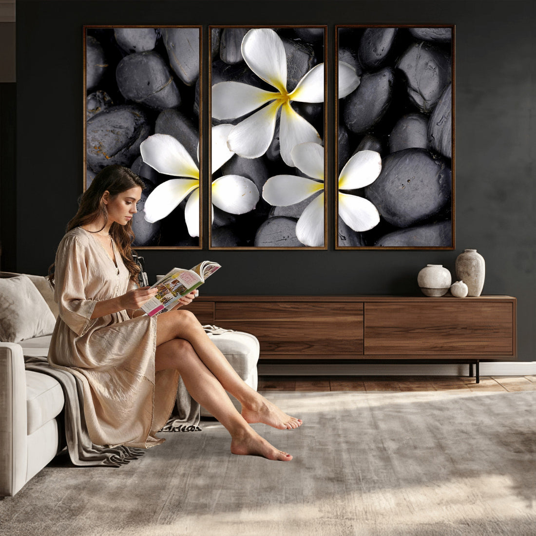Plumeria Frangipani Black Stone Canvas | White Flower Spa Photography