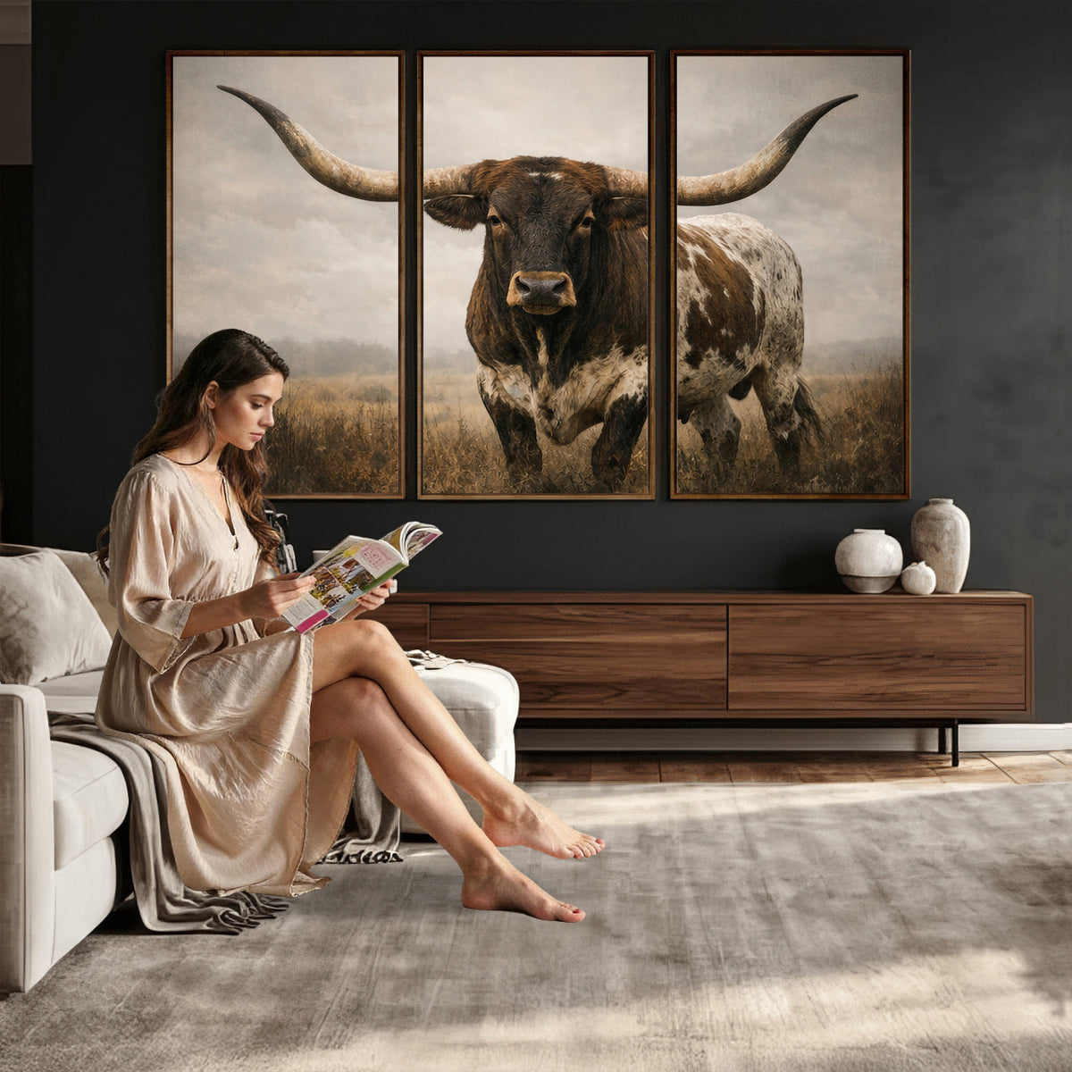 17622011L-_Poster-30x20 - Longhorn Bull Wall Art Canvas Print, Western Farmhouse Decor