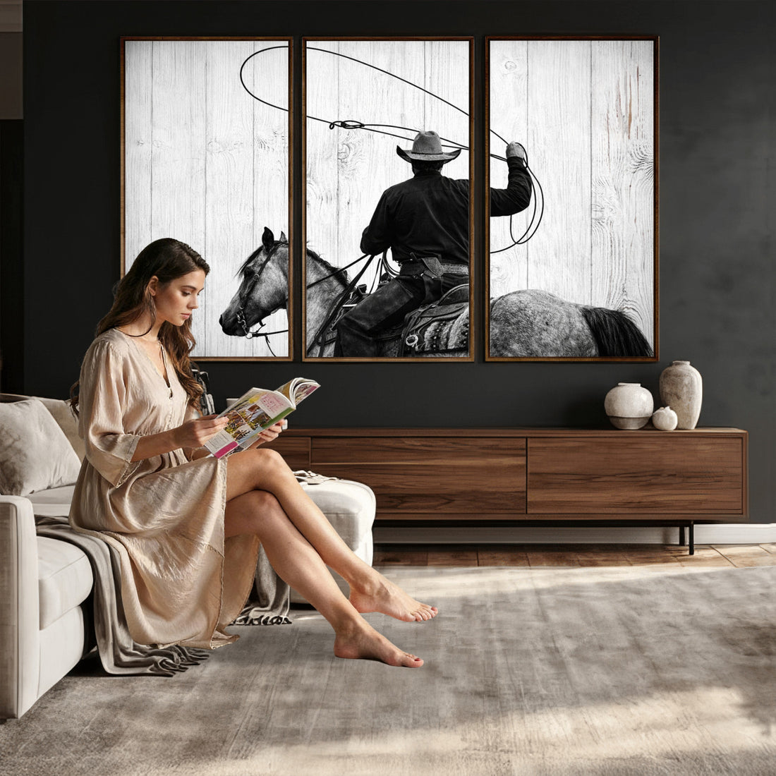 Cowboy Lasso Canvas Wall Art, Black and White Western Horse Print