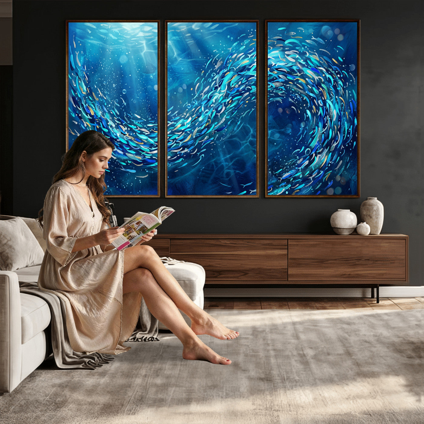 54535639-MGV-CV-36X24 - School of Fish Canvas Print | Blue Ocean Underwater Wall Art | Swirling Fish Shoal Illustration | Marine Navy Coastal Decor
