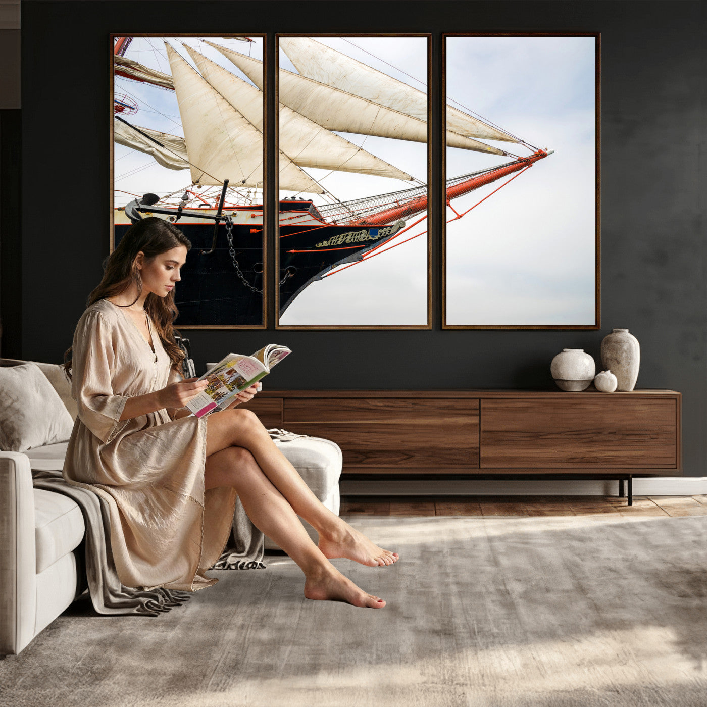 64830036-MGV-CV-36X24 - Sailboat Wall Art Canvas Print, Vintage Ship Bow Framed Artwork, Nautical Sailing Decor for Living Room Office Beach House