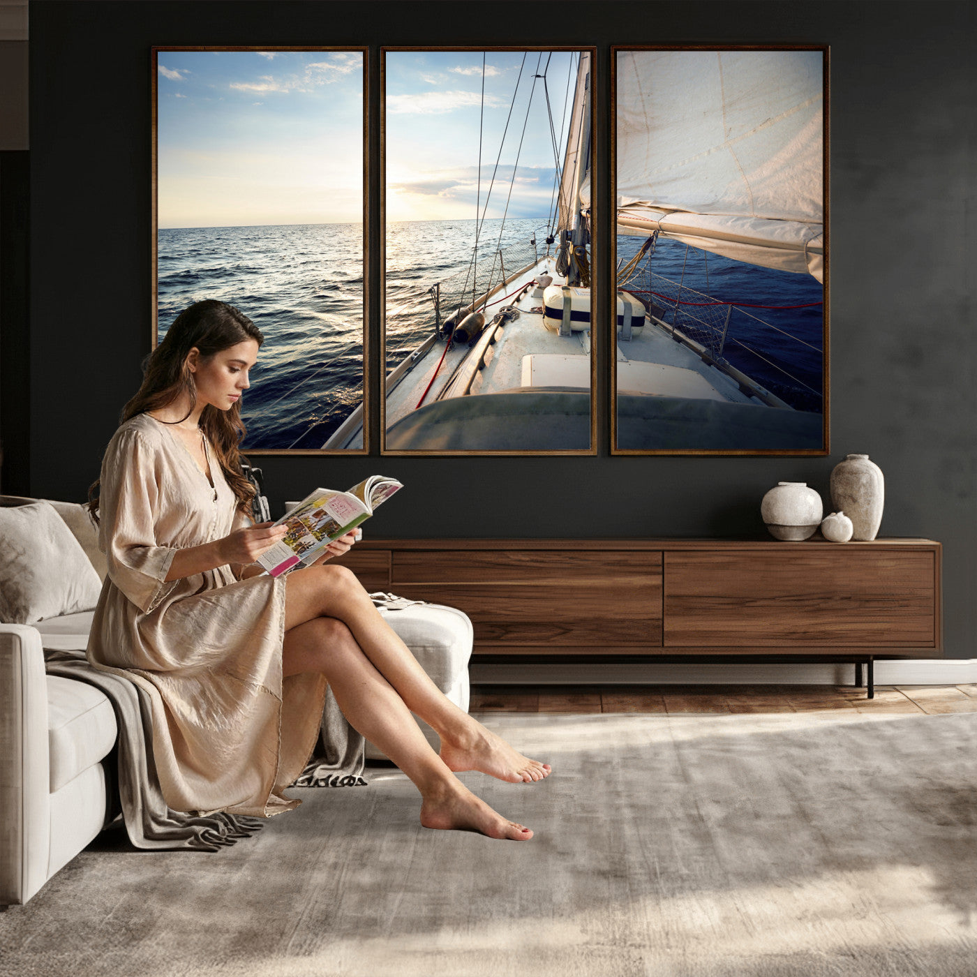 76381335-MGV-CV-36X24 - Sailboat Wall Art Canvas Print, Ocean Sunset Sailing Framed Artwork, Coastal Nautical Seascape Decor for Living Room Office Beach House