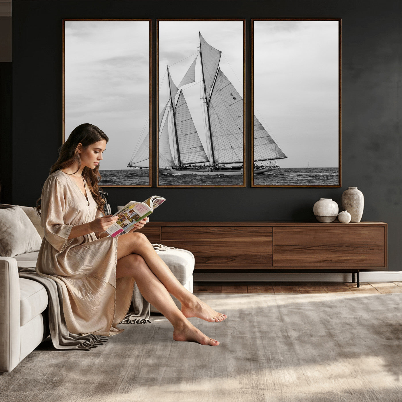 52882918-MGV-CV-36X24 - Vintage Sailboat Wall Art Canvas Print, Black and White Schooner Framed Artwork, Nautical Ocean Sailing Decor for Living Room Office Beach House