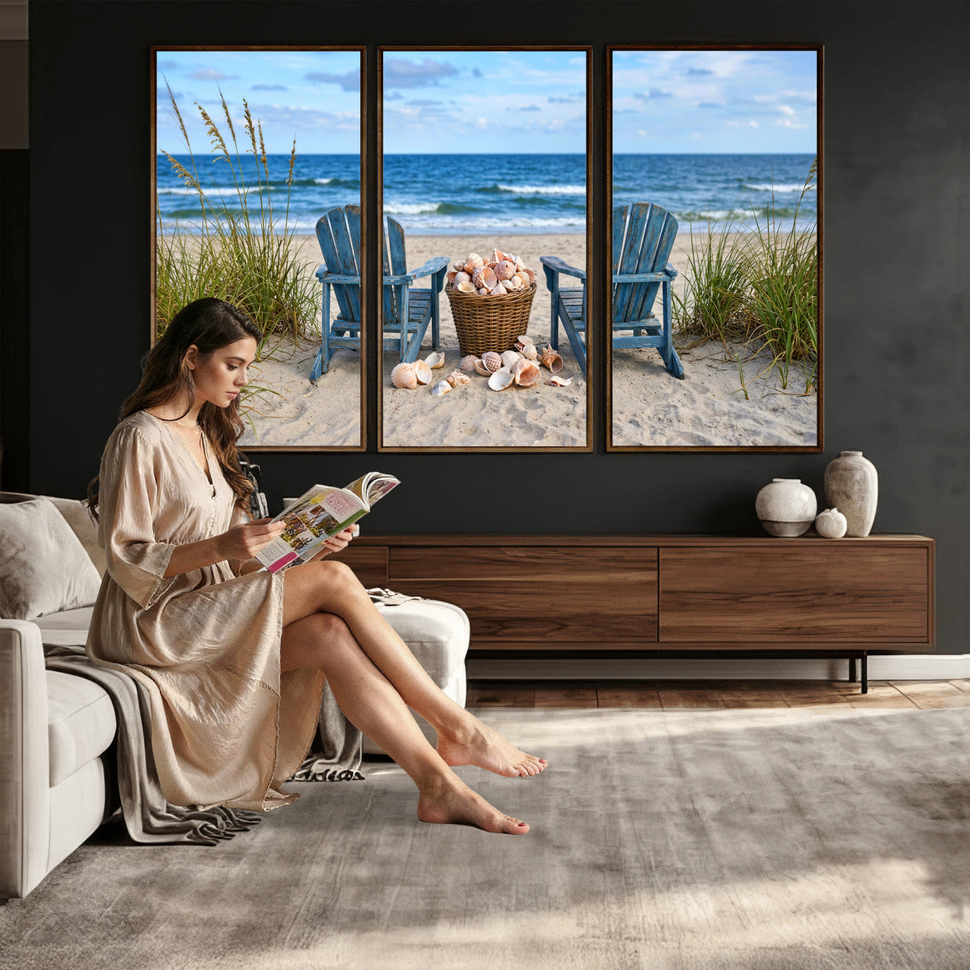 80268829-MGV-CV-36X24 - Large Beach Canvas Wall Art Coastal Adirondack Chairs Ocean Seashells Blue Nautical Framed Large for Living Room Bedroom Bathroom Decor