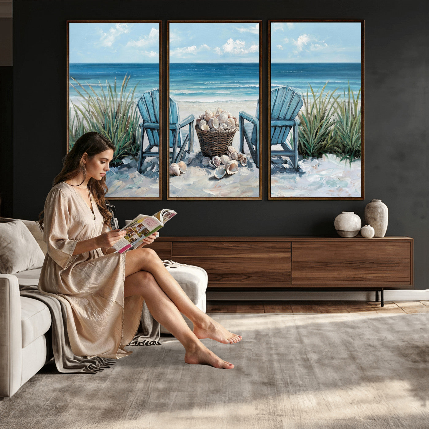 11973028-MGV-CV-36X24 - Beach Canvas Wall Art Coastal Adirondack Chairs Ocean Seashells Blue Nautical Framed Large for Living Room Bedroom Bathroom Decor