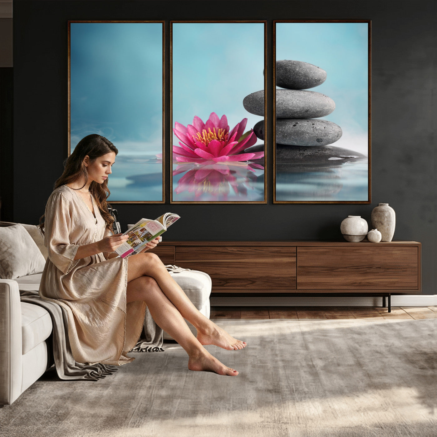 84293154-MGV-CV-36X24 - Zen Canvas Wall Art Lotus Flower Stacked Stones Teal Spa Meditation Relaxation Framed Large for Bathroom Bedroom Living Room Office Decor
