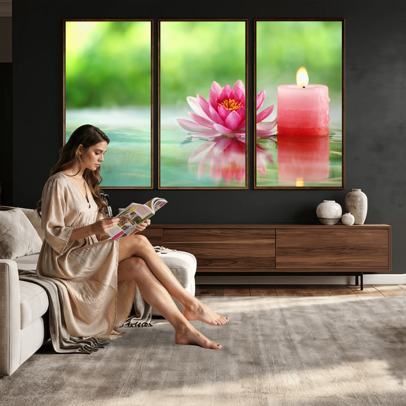 17661715-MGV-CV-36X24 - Zen Lotus Candle Canvas Wall Art Pink Spa Meditation Relaxation Green Bokeh Framed Large for Bathroom Bedroom Living Room Office Decor