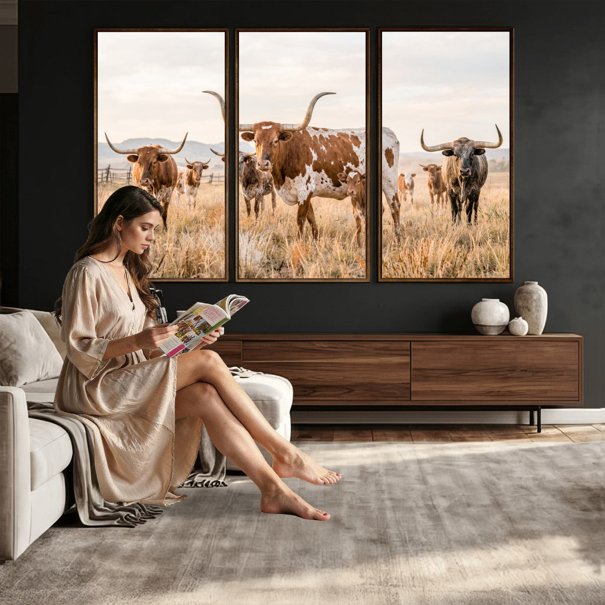 62336425AC-MGV-CV-36X24 - Texas Longhorn Canvas Wall Art, Rustic Farm Animal Photography Print, Farmhouse Country Decor, Western Ranch Art