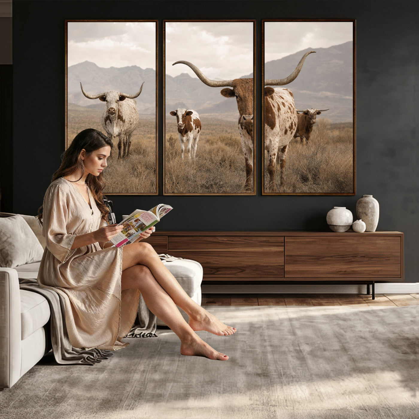 62336425AD-MGV-CV-36X24 - Rustic Texas Longhorn Cow Canvas Wall Art Print, Rustic Farm Animal Photography Print, Farmhouse Country Decor, Western Ranch Art