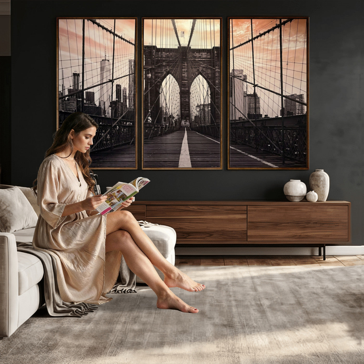 93226664-MGV-CV-36X24 - Brooklyn Bridge Canvas Wall Art, New York City Skyline Photography Print, NYC Landmark Urban Decor Artwork