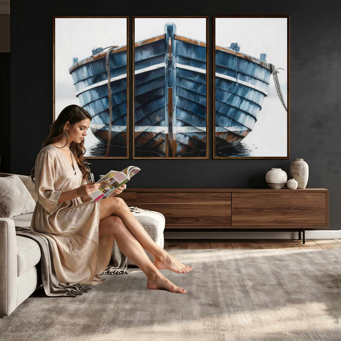 21601740-MGV-CV-36X24 - Blue Wooden Rowboat Canvas Wall Art, Coastal Nautical Boat Painting Print for Lake Beach House Decor, Minimalist Maritime Decor Artwork