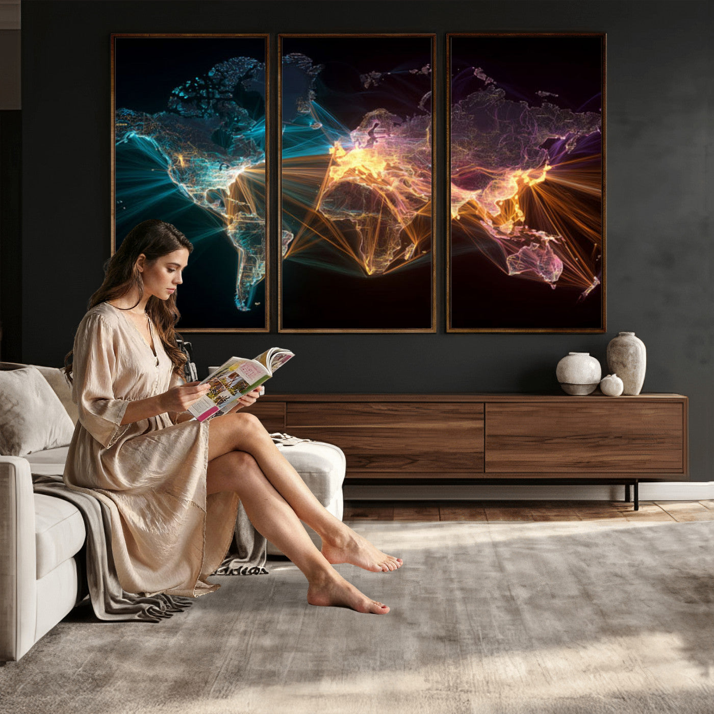 14891737-MGV-CV-36X24 - World Map and Global Flight Routes Map Canvas Wall Art, Worldwide Aviation Network Print, International Air Travel Wall Decor