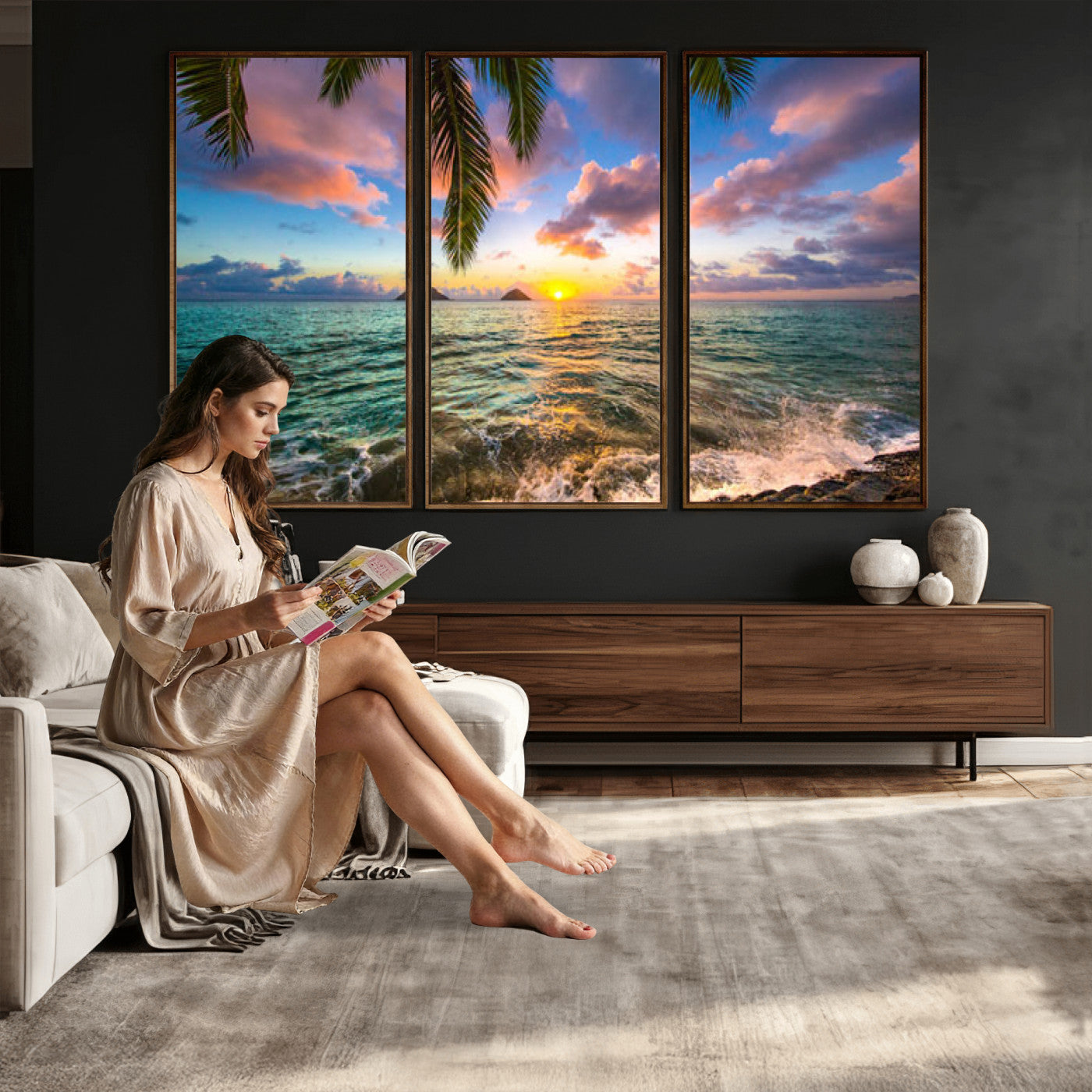 13207742-MGV-CV-36X24 - Hawaii Beach Sunset Canvas Wall Art Print, Tropical Ocean Landscape Artwork, Palm Tree Coastal Decor for Living Room Bedroom