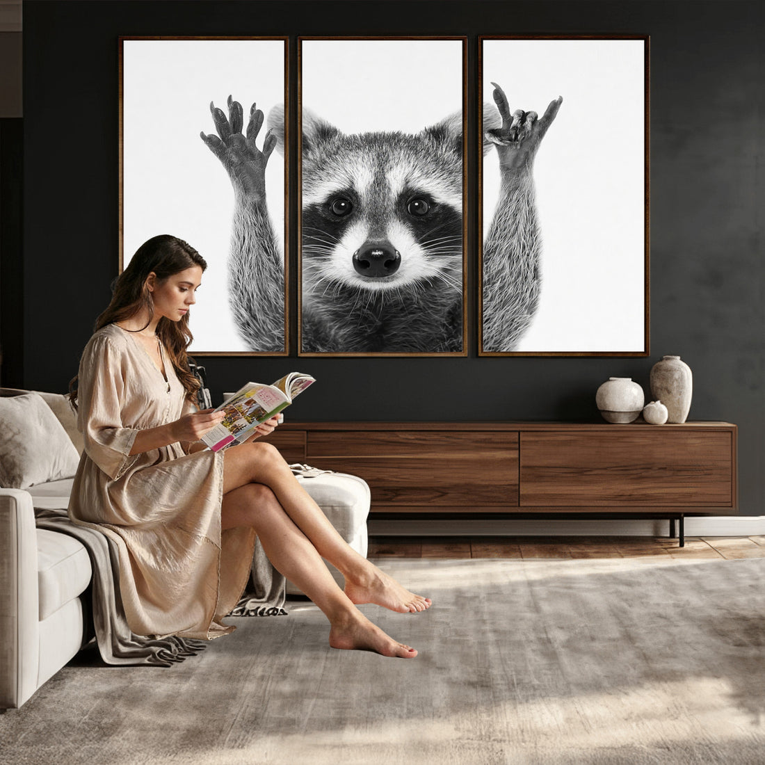 Funny Raccoon Canvas Wall Art, Black White Hands Up Animal Photo Print