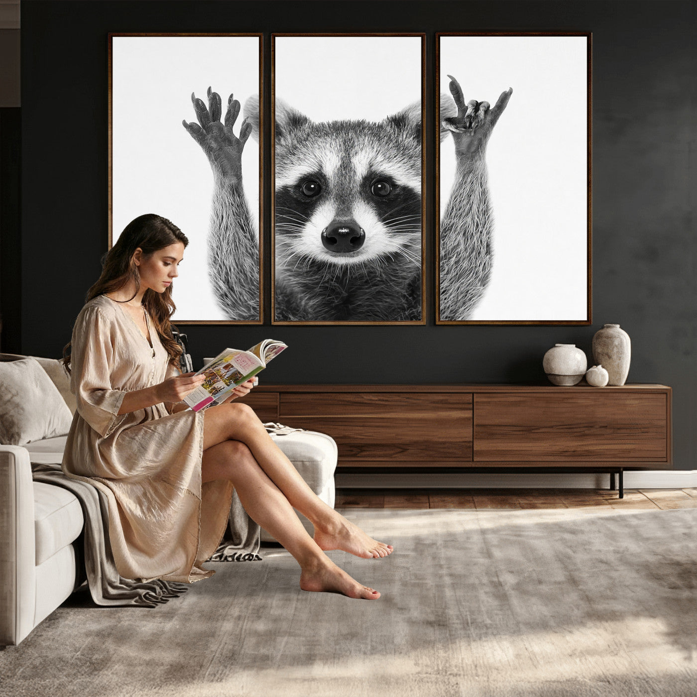 82392228-MGV-CV-36X24 - Funny Raccoon Canvas Wall Art, Black White Hands Up Animal Photo Print, Humorous Wildlife Decor, Kids Room Nursery Art, Quirky Animal Gift