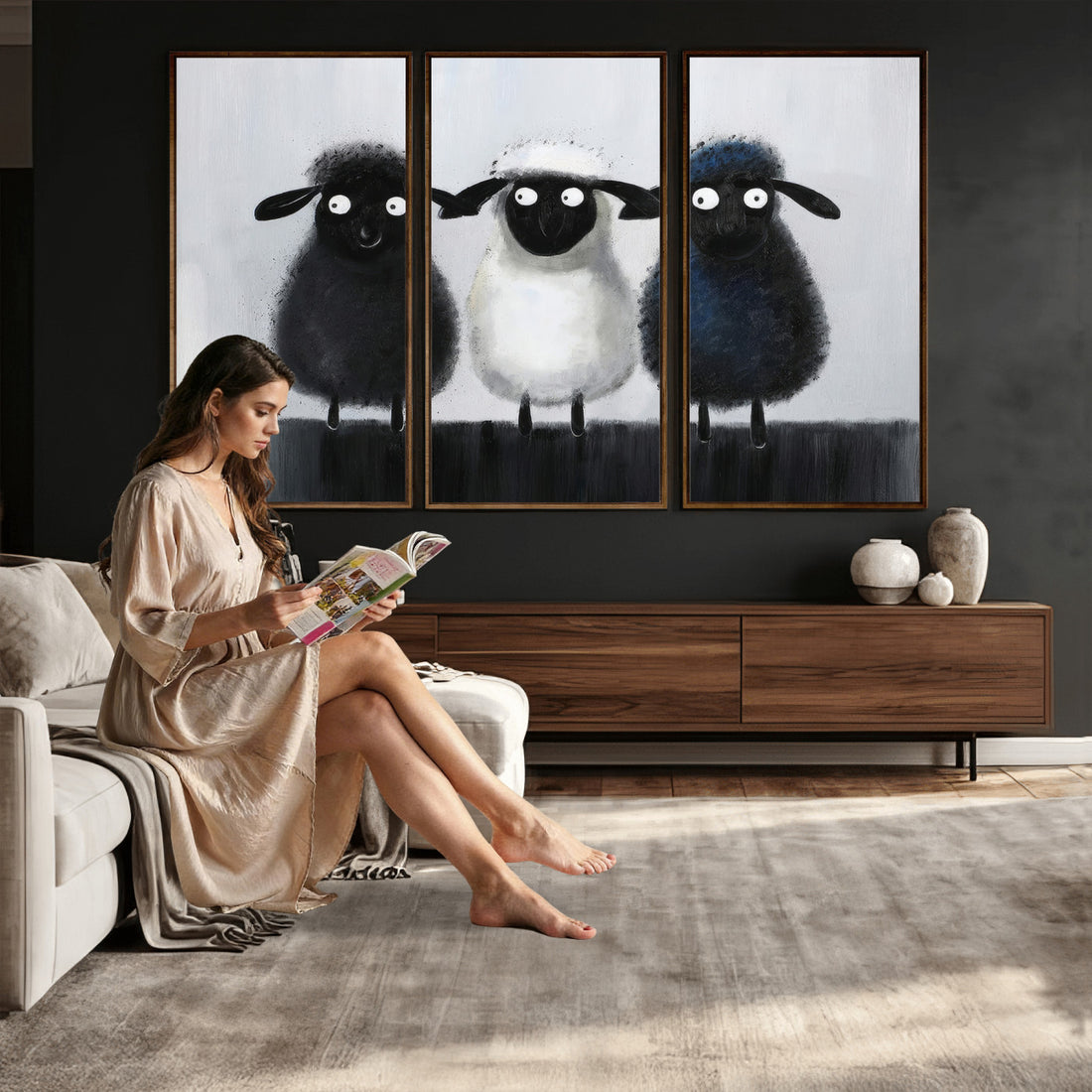 Funny Sheep Canvas Wall Art, Three Quirky Sheep Painting Print, Cute Nursery Decor