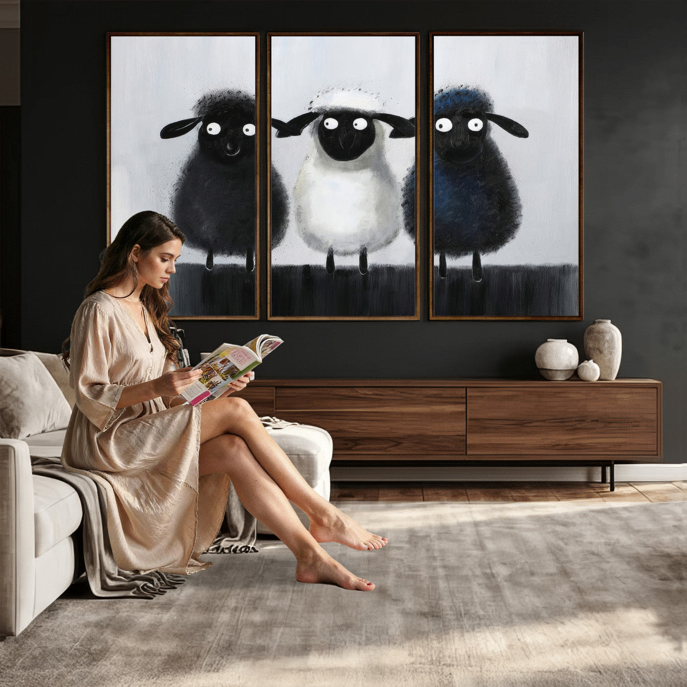 45650028-MGV-CV-36X24 - Funny Sheep Canvas Wall Art, Three Quirky Sheep Painting Print, Cute Animal Nursery Decor, Black White Navy Farmhouse Art, Kids Room Gift