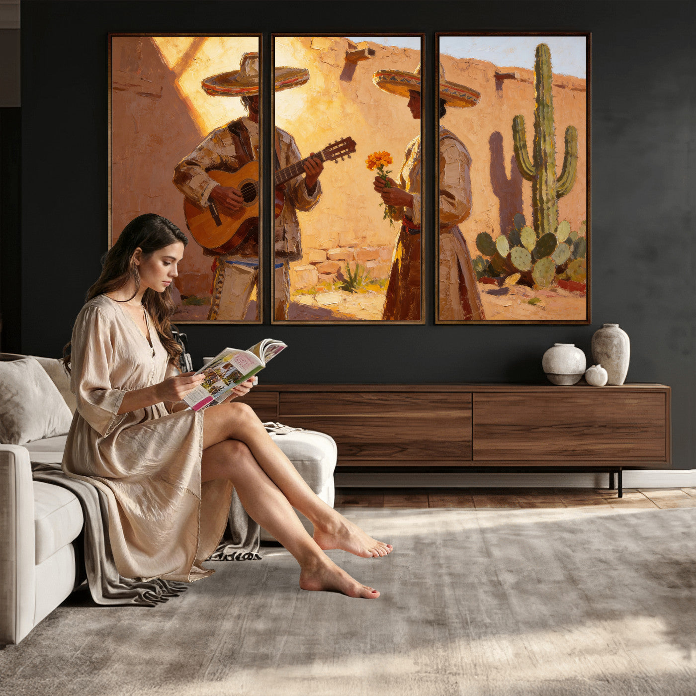 41849005-MGV-CV-36X24 - Mexican Couple Canvas Wall Art, Romantic Serenade Guitar Painting Print, Southwestern Desert Adobe Decor, Warm Golden Folk Art, Living Room Art