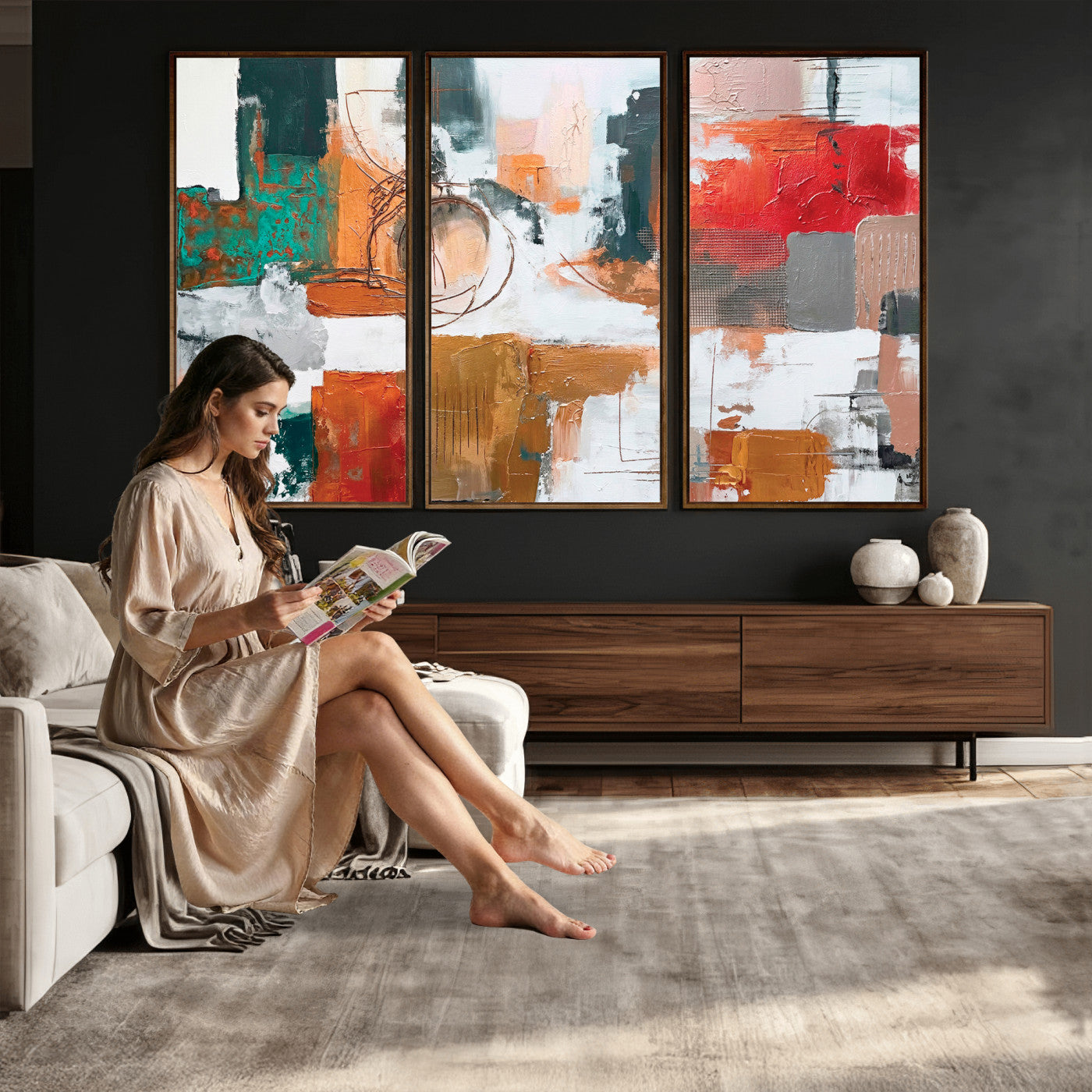 50720312-MGV-CV-36X24 - Blue Teal Abstract Canvas Wall Art | Modern Textured Painting Print, Navy Orange White Contemporary Art, Neutral Living Room Decor, Office Art.