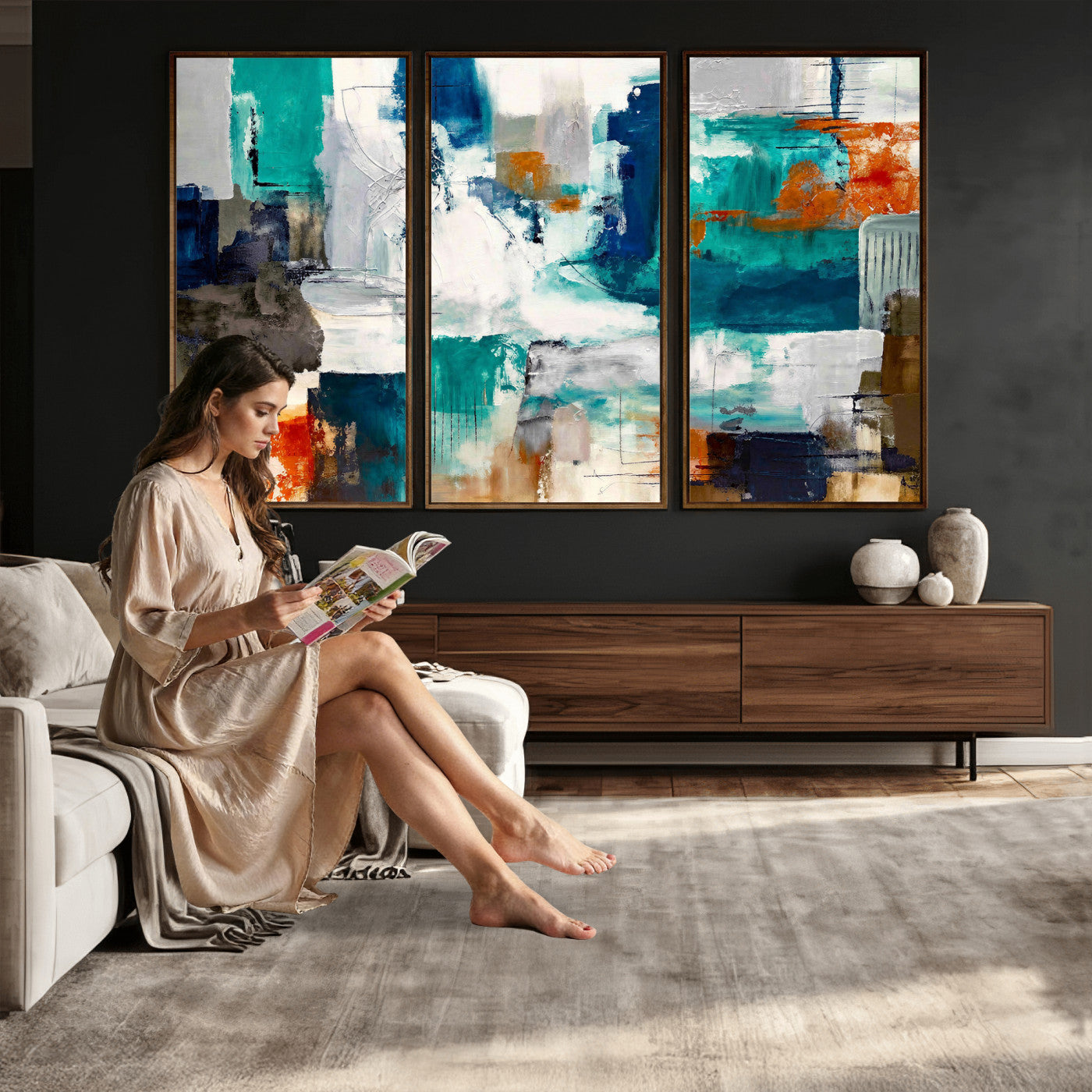 44038089-MGV-CV-36X24 - Blue Teal Abstract Canvas Wall Art, Modern Textured Painting Print, Navy Orange White Contemporary Art, Neutral Living Room Decor, Office Art
