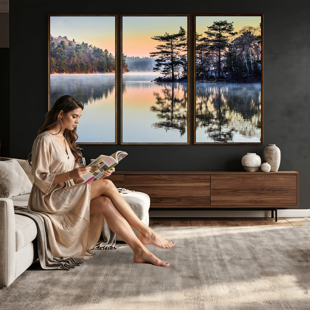 34236027-MGV-CV-36X24 - Before People Wake Canvas Wall Art Print, Misty Lake Sunrise Landscape, Forest Reflection Nature Decor, Ready to Hang