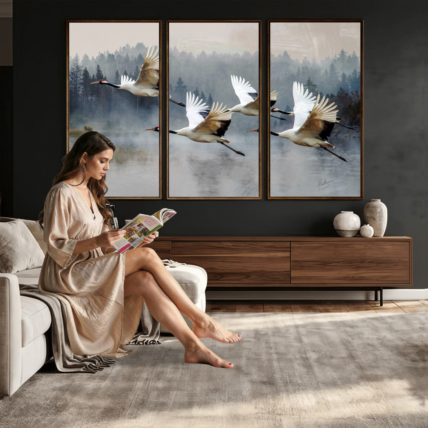24356826-MGV-CV-36X24 - Flying Crane Canvas Wall Art Print, White Crane Bird Artwork, Wildlife Nature Decor, Lake Landscape Canvas, Ready to Hang