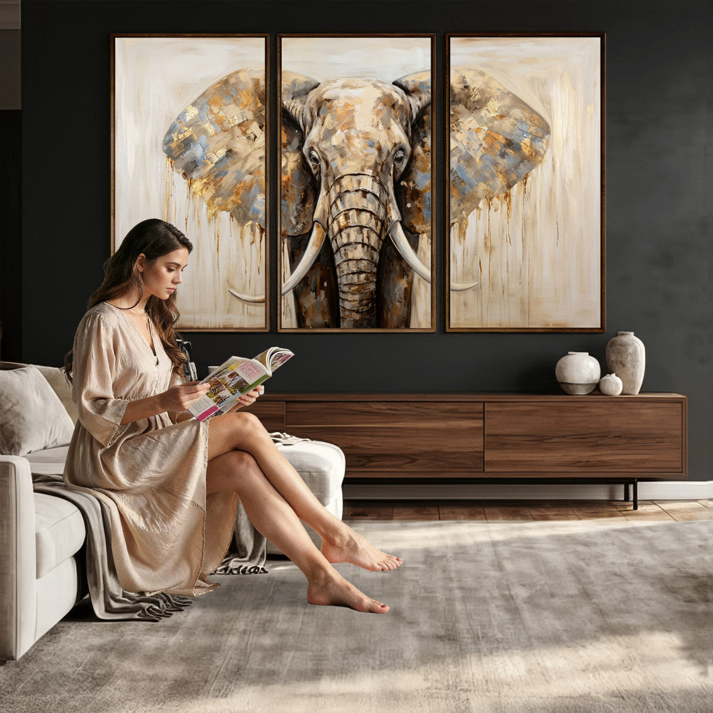 95819221-MGV-CV-36X24 - Gold Leaf Elephant Canvas Wall Art Abstract African Wildlife Painting Print
