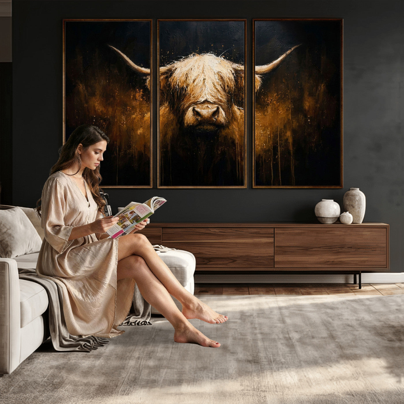 79873059-MGV-CV-36X24 - Rustic Highland Cow Canvas Print Dark Farmhouse Cattle Wall Decor