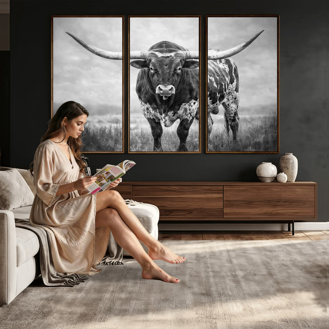 Texas Bull Wall Art Canvas Print for Farmhouse Restaurant Wall Decor