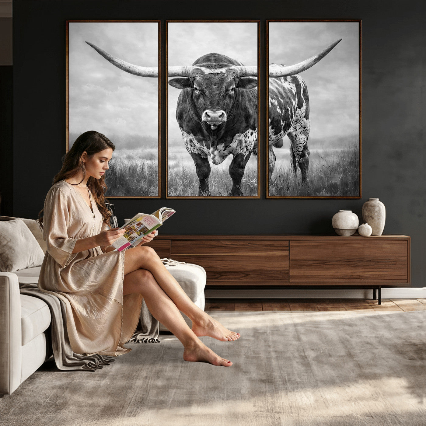 11121585-MGV-CV-36X24 - Texas Bull Wall Art Canvas Print for Farmhouse Restaurant Wall Decor