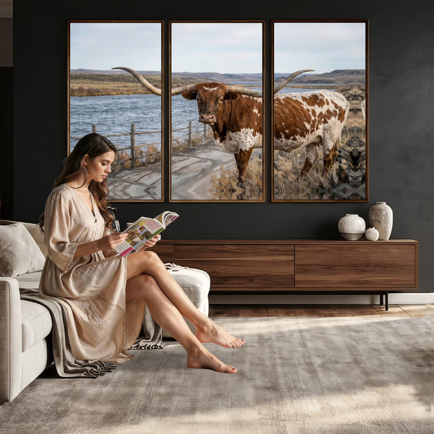 91575949-MGV-CV-36X24 - Texas Longhorn Cattle in Desert Pasture Wall Art Canvas Print - Rustic Western Decor