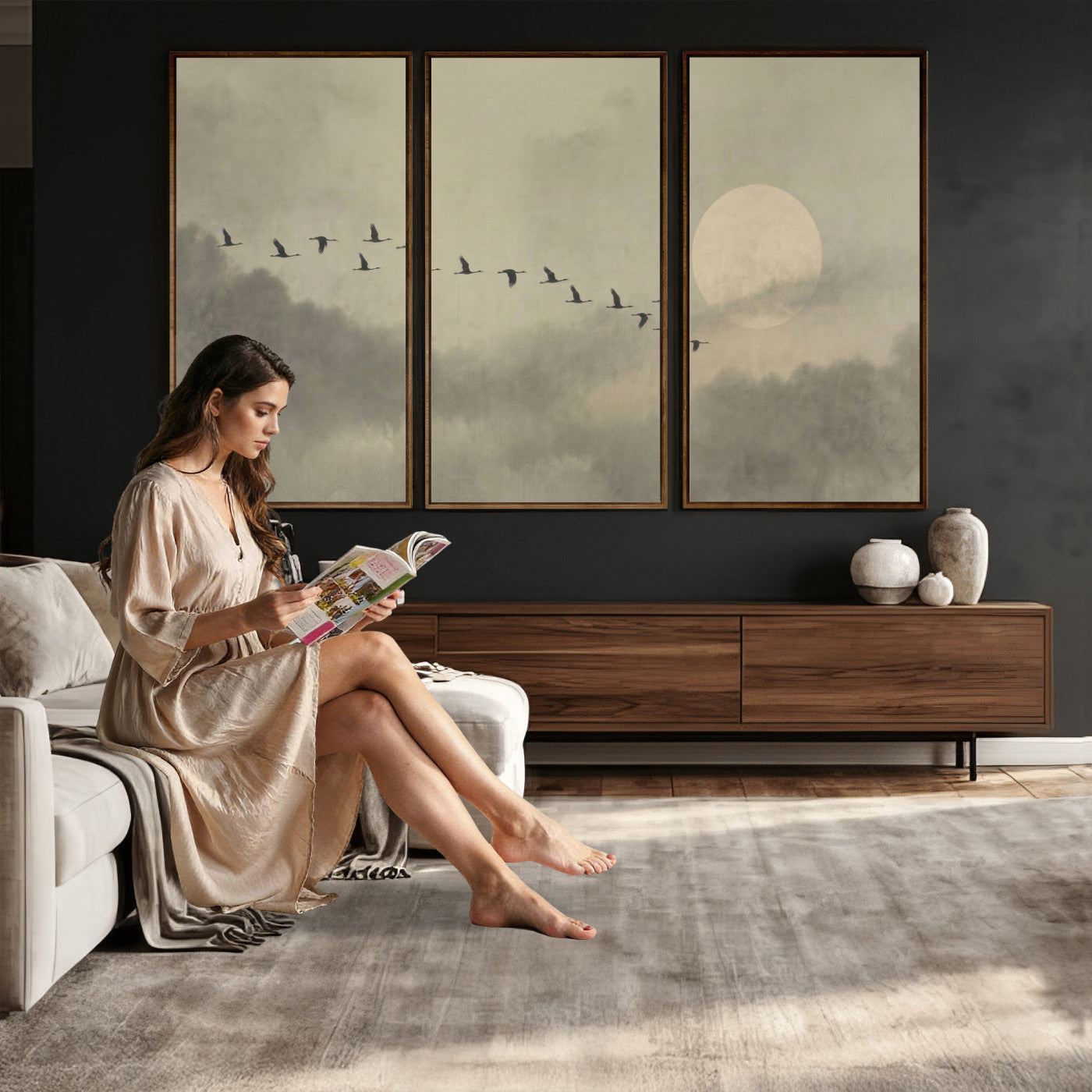 12098149-MGV-CV-36X24 - Flock of Birds Flying to Full Moon Wall Art Canvas Print - Vintage Surreal Clouds Painting