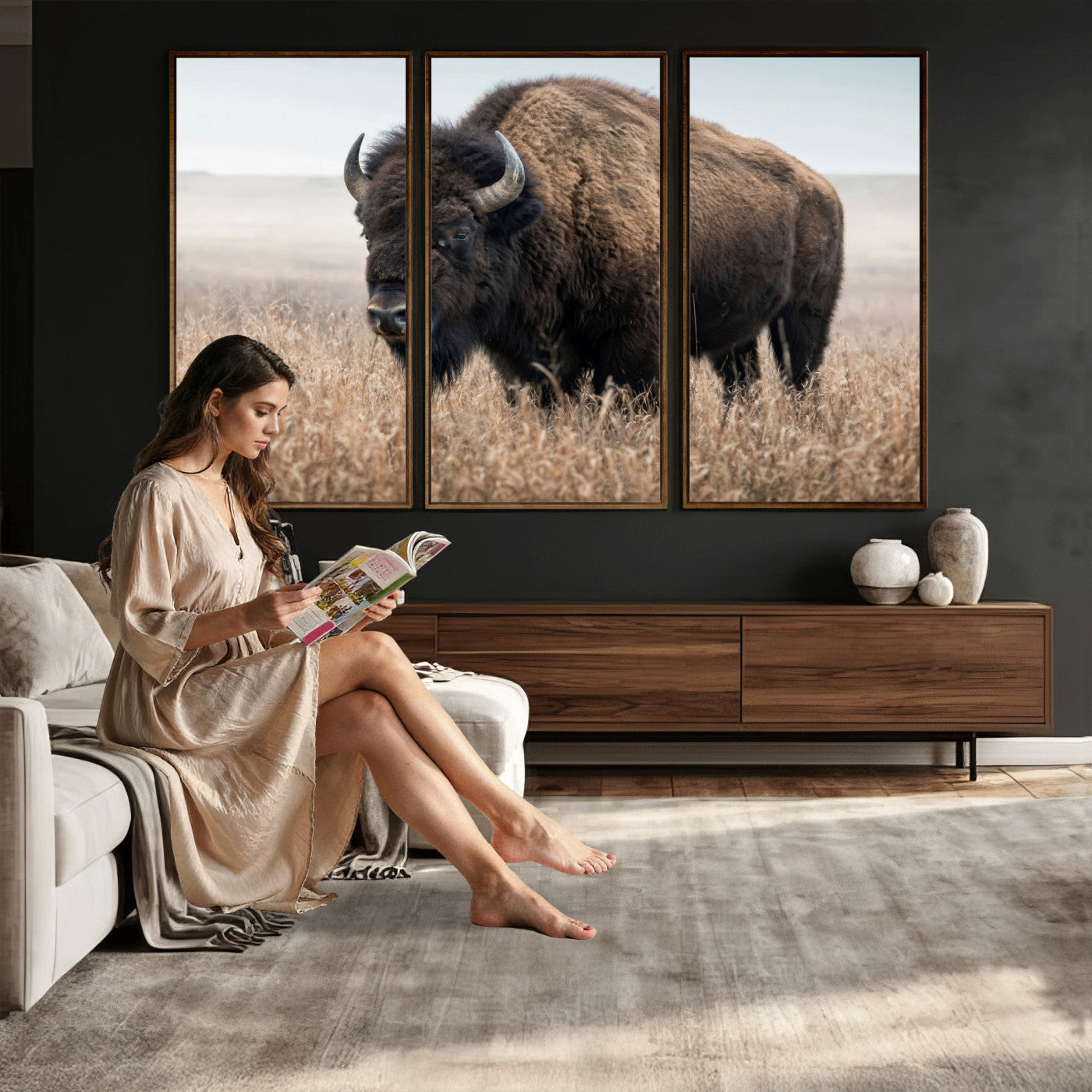 81029583-MGV-CV-36X24 - American Bison in Prairie Field Wall Art Canvas Print - Rustic Wildlife Photography