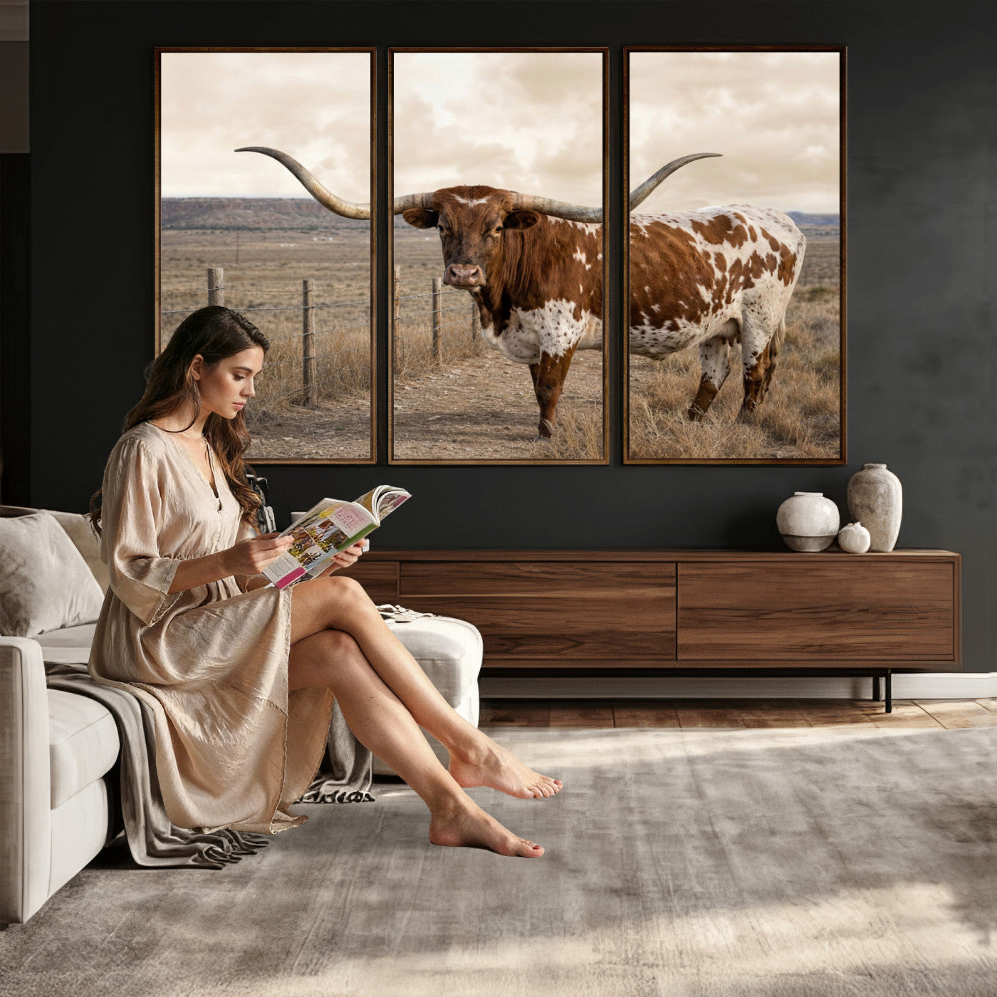 22808364-MGV-CV-36X24 - Texas Longhorn Cattle in Desert Pasture Wall Art Canvas Print - Rustic Western Decor
