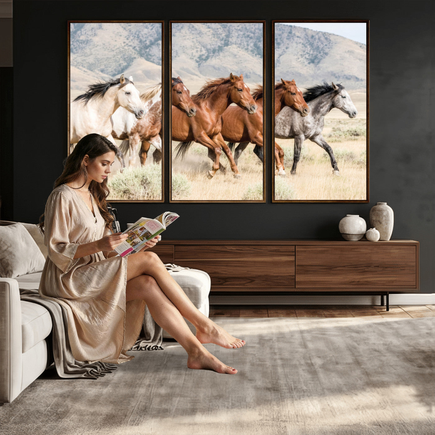 68345893-MGV-CV-36X24 - Five Mustangs Running Wild in Mountain Valley Wall Art Canvas Print - Rustic Western Decor