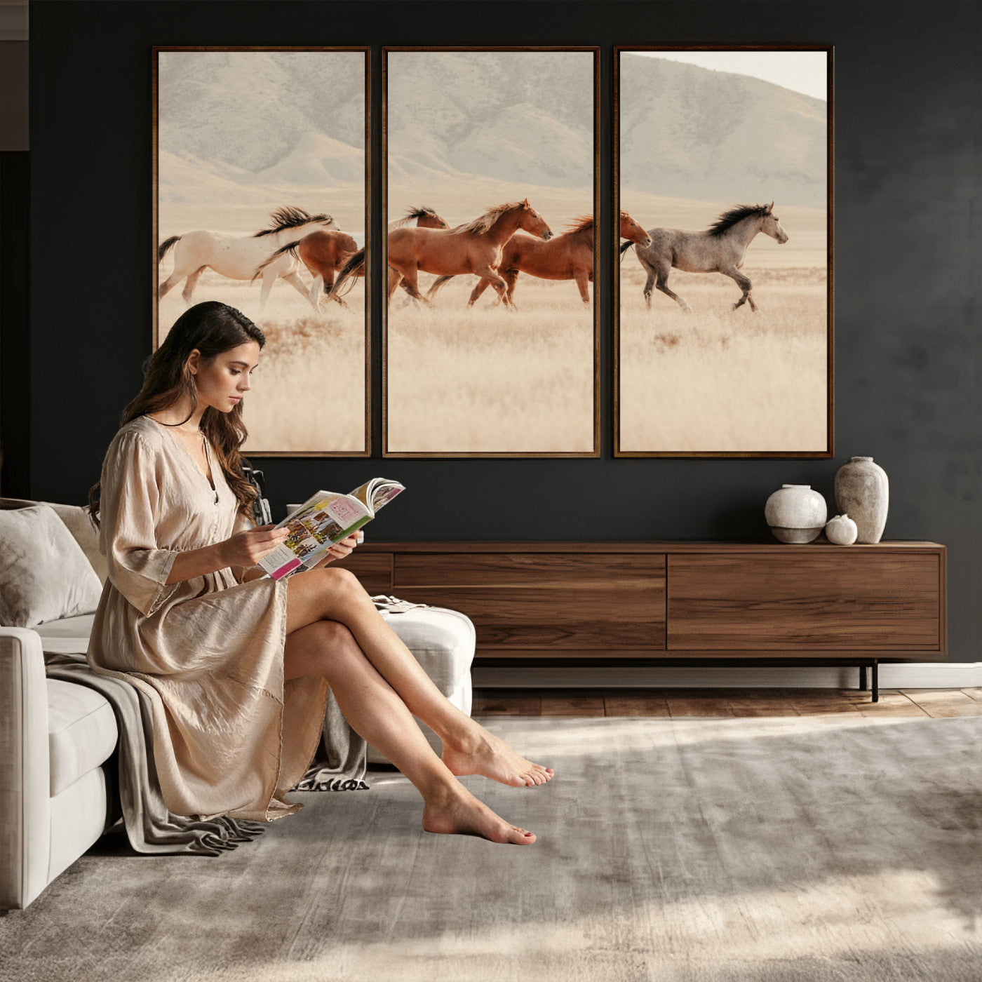 43348446-MGV-CV-36X24 - Herd of Wild Horses Running in Desert Mountain Wall Art Canvas Print - Boho Western Landscape