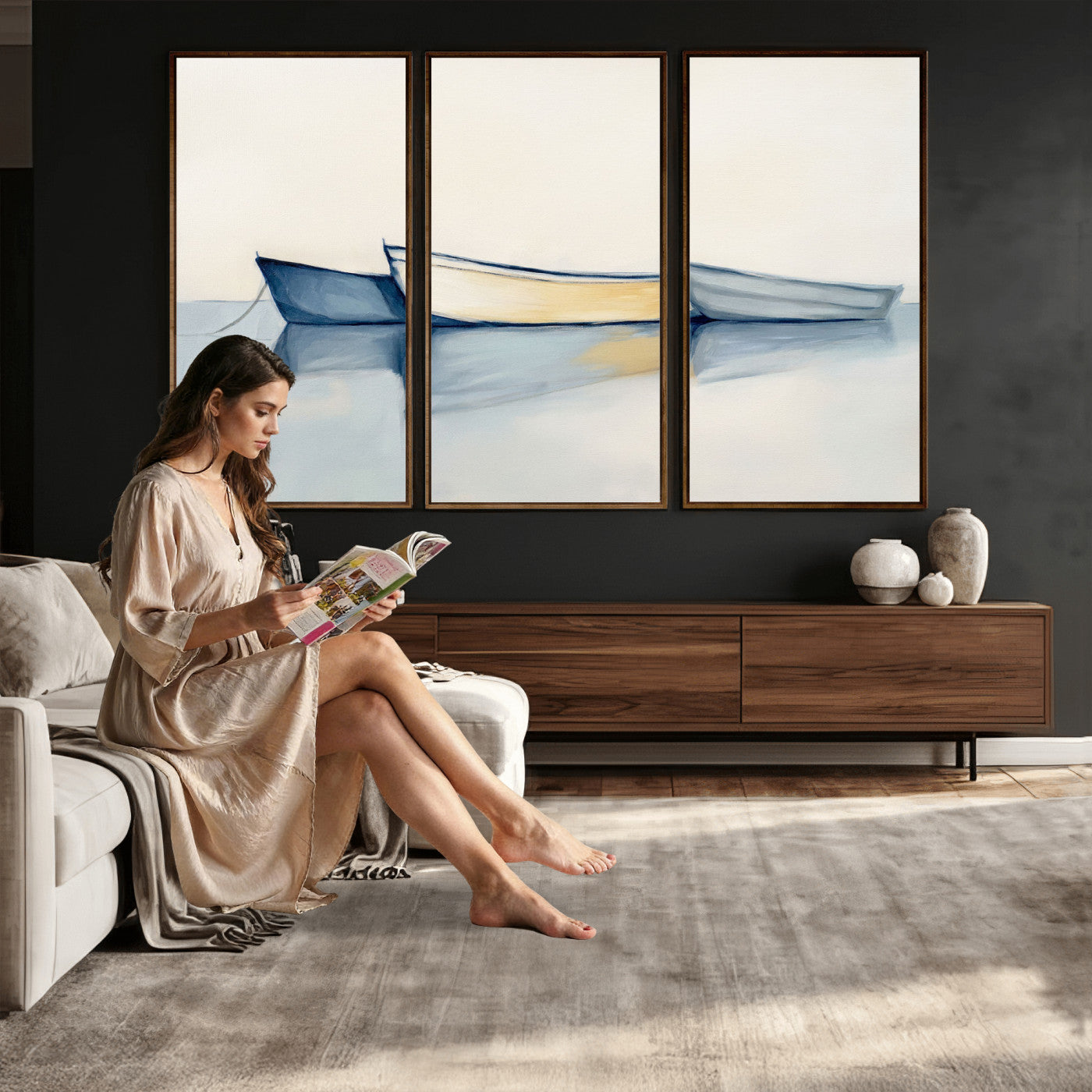 84017361-MGV-CV-36X24 - Abstract Three Boats Reflecting on Water Wall Art Canvas Print - Minimalist Coastal Seascape
