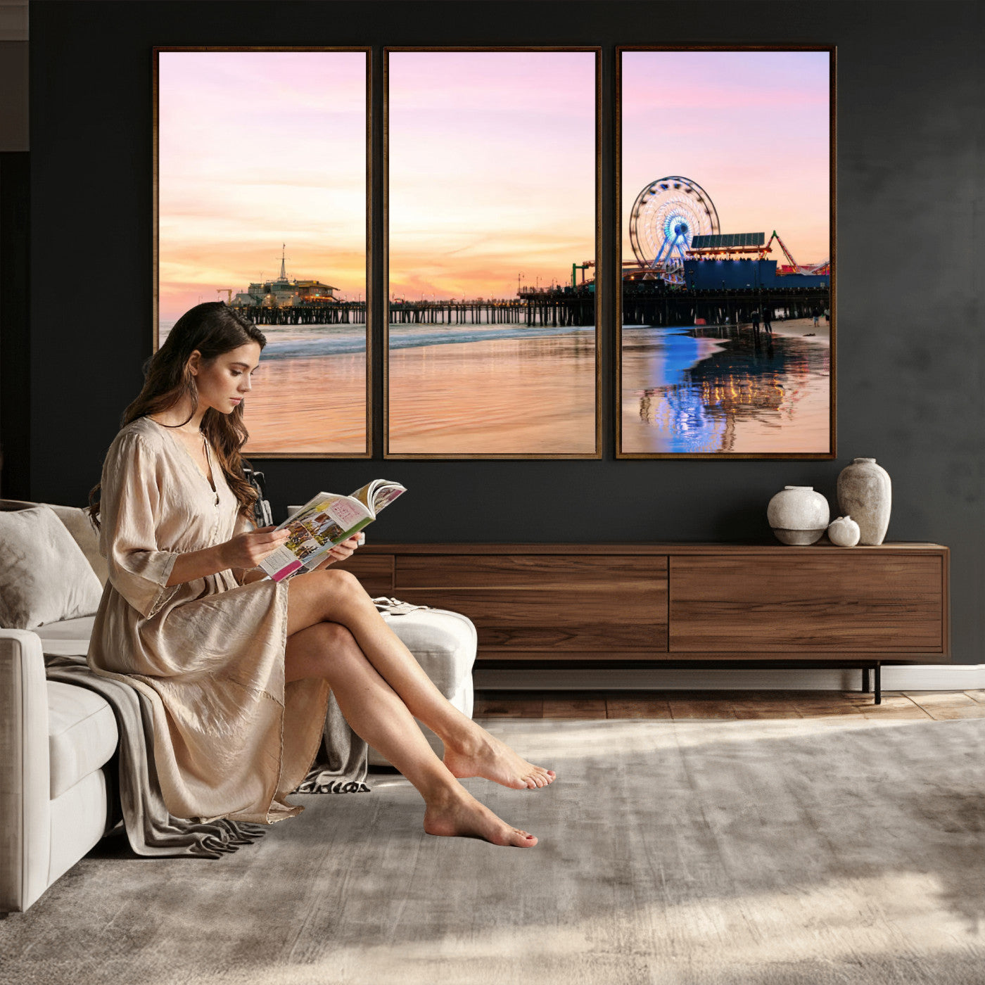 27381272-MGV-CV-36X24 - Santa Monica Pier Sunset Beach Wall Art Canvas Print, California Ferris Wheel Photo Print