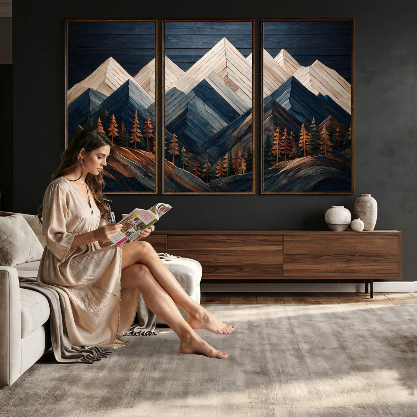 87765072-MGV-CV-36X24 - Geometric Wood Mountain Wall Art Canvas Print, 3D Look Rustic Mosaic Landscape Print