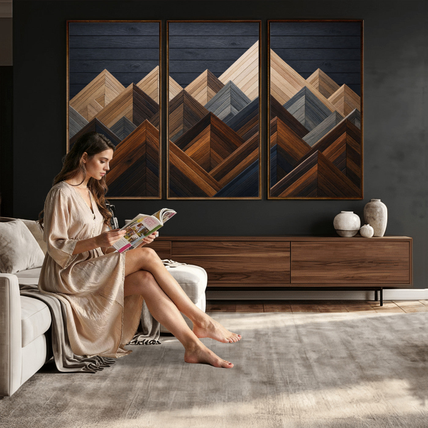 70531117-MGV-CV-36X24 - Geometric Wood Mountain Wall Art Canvas Print, 3D Look Rustic Mosaic Landscape Print