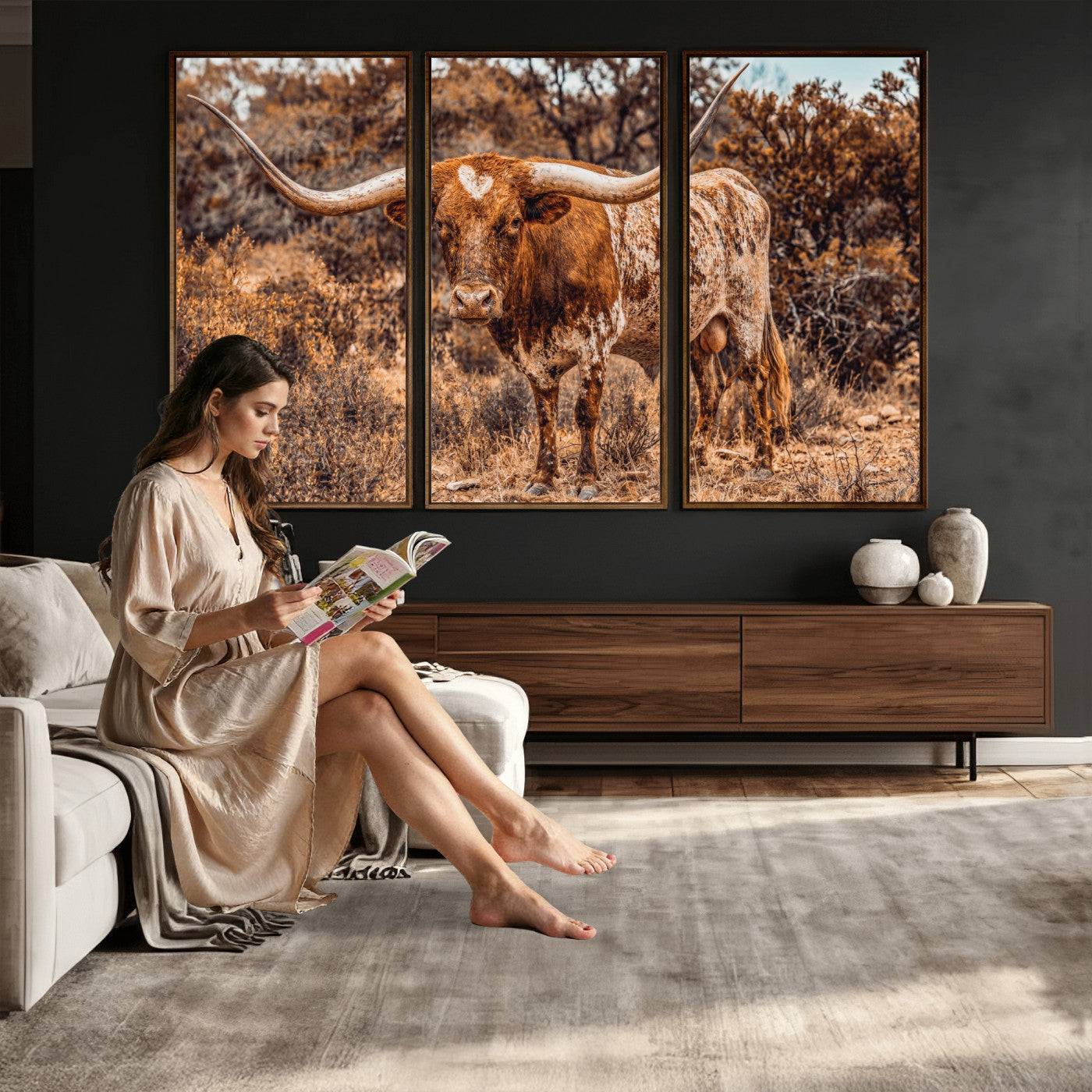 62076449-MGV-CV-36X24 - Texas Cow Bull Longhorn Print for Western Wall Art Decor for Farmhouse