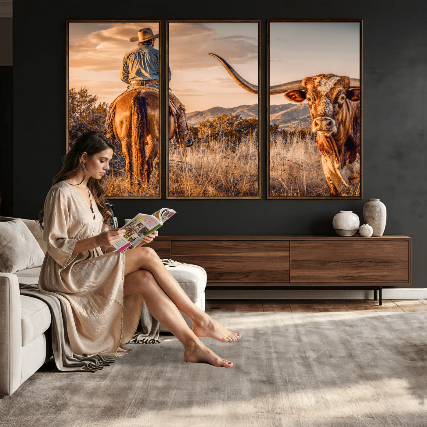62076449C-MGV-CV-36X24 - Texas Cowboy and Longhorn Bull Print for Western Wall Art Decor for Farmhouse