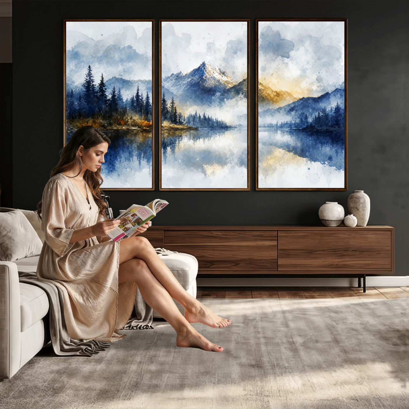62076449DG-MGV-CV-36X24 - Abstract Watercolor Mountain Lake Wall Art Print for Living Room Decor