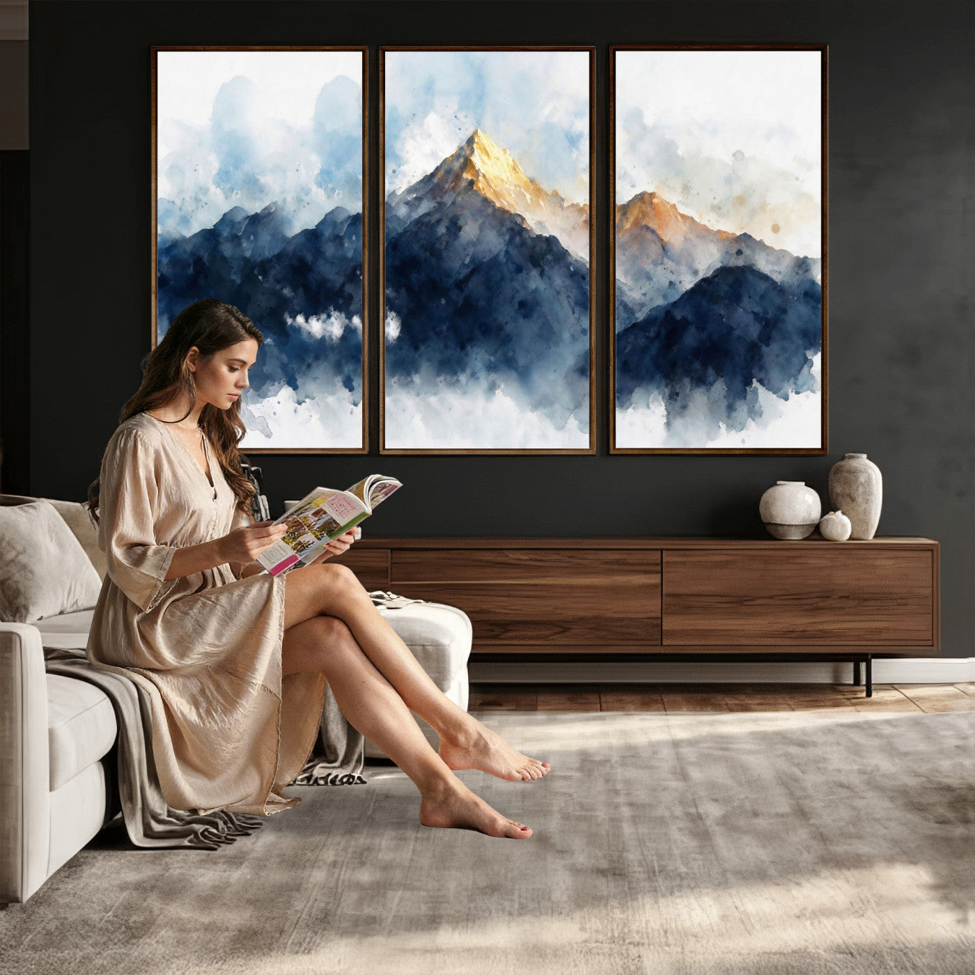 62076449DG1-MGV-CV-36X24 - Abstract Watercolor Mountain Lake Wall Art Print for Living Room Decor