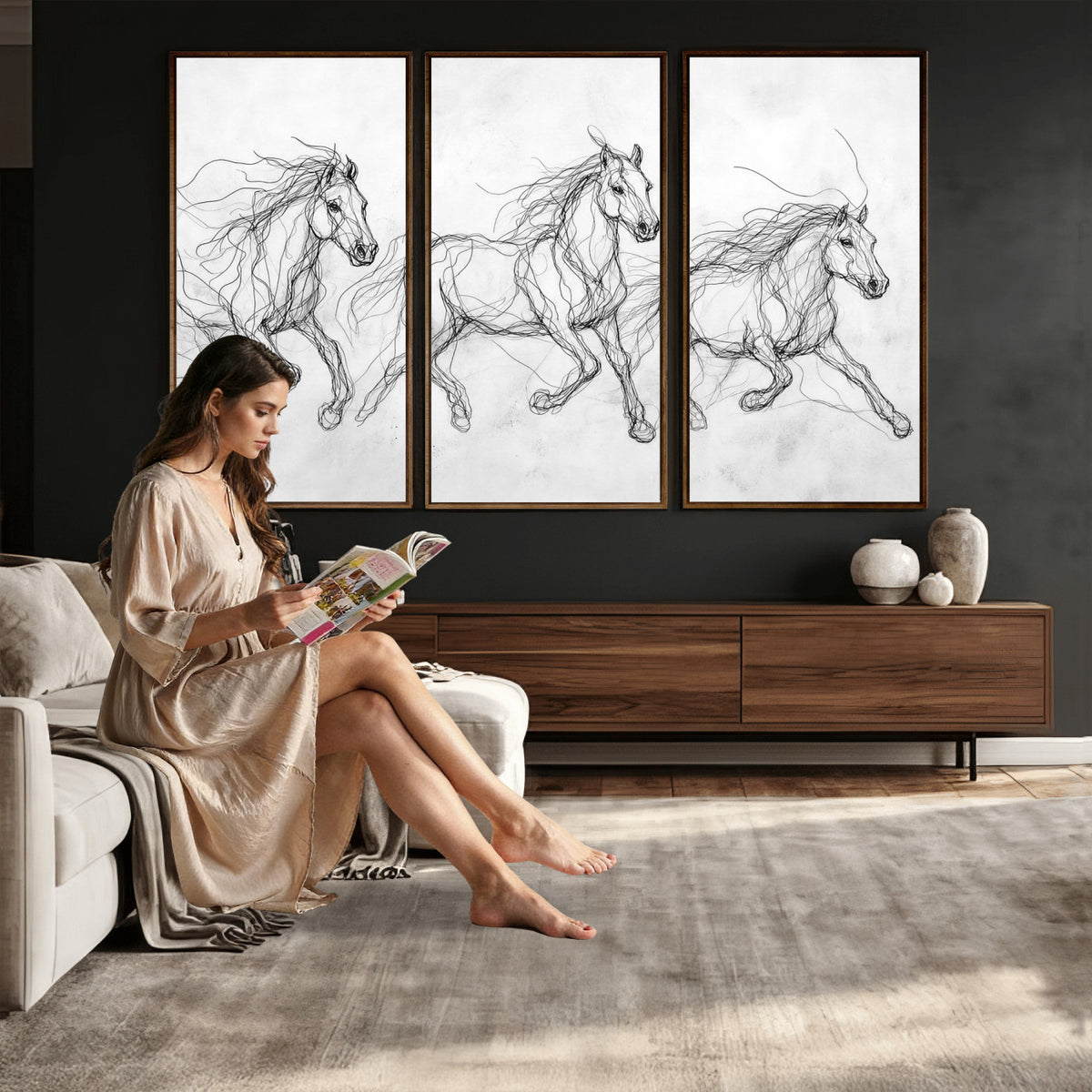 53600119-MGV-CV-36X24 - Monochrome Horse Canvas Wall Art, Black Ink Sketch Wild Horses Print, Minimalist Equestrian Artwork, Modern Abstract Line Decor, Urban Loft Gift