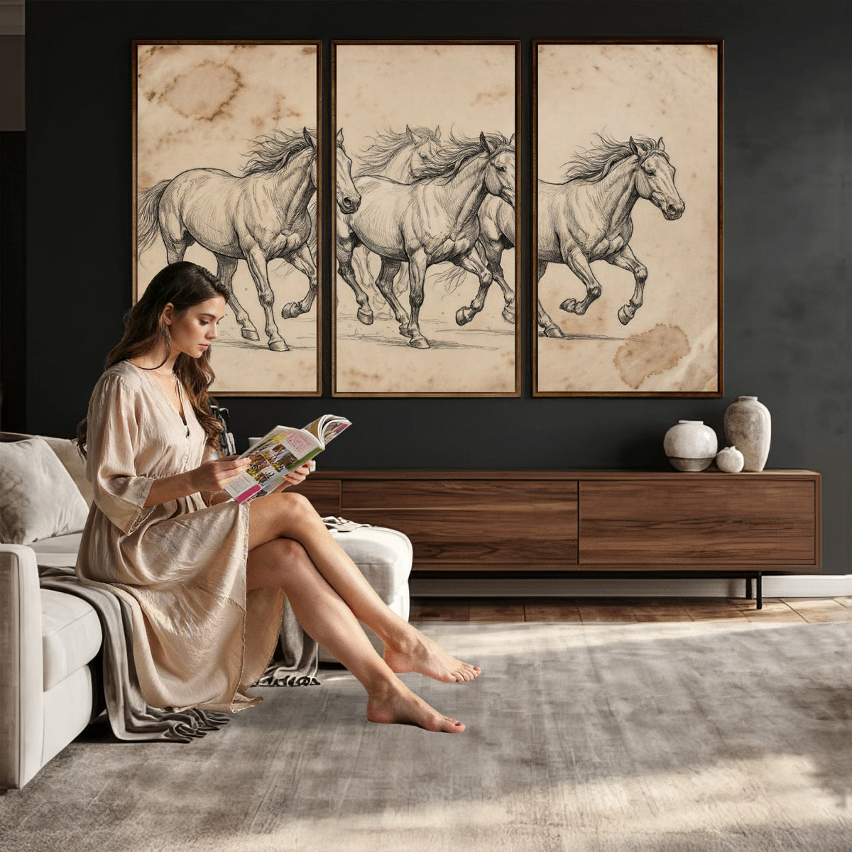 56046981-MGV-CV-36X24 - Sepia Wild Horses Canvas Art, Antique Pencil Drawing Print, Vintage Gallery Wall Decor, Rustic Equestrian Artwork, Traditional Den Gift