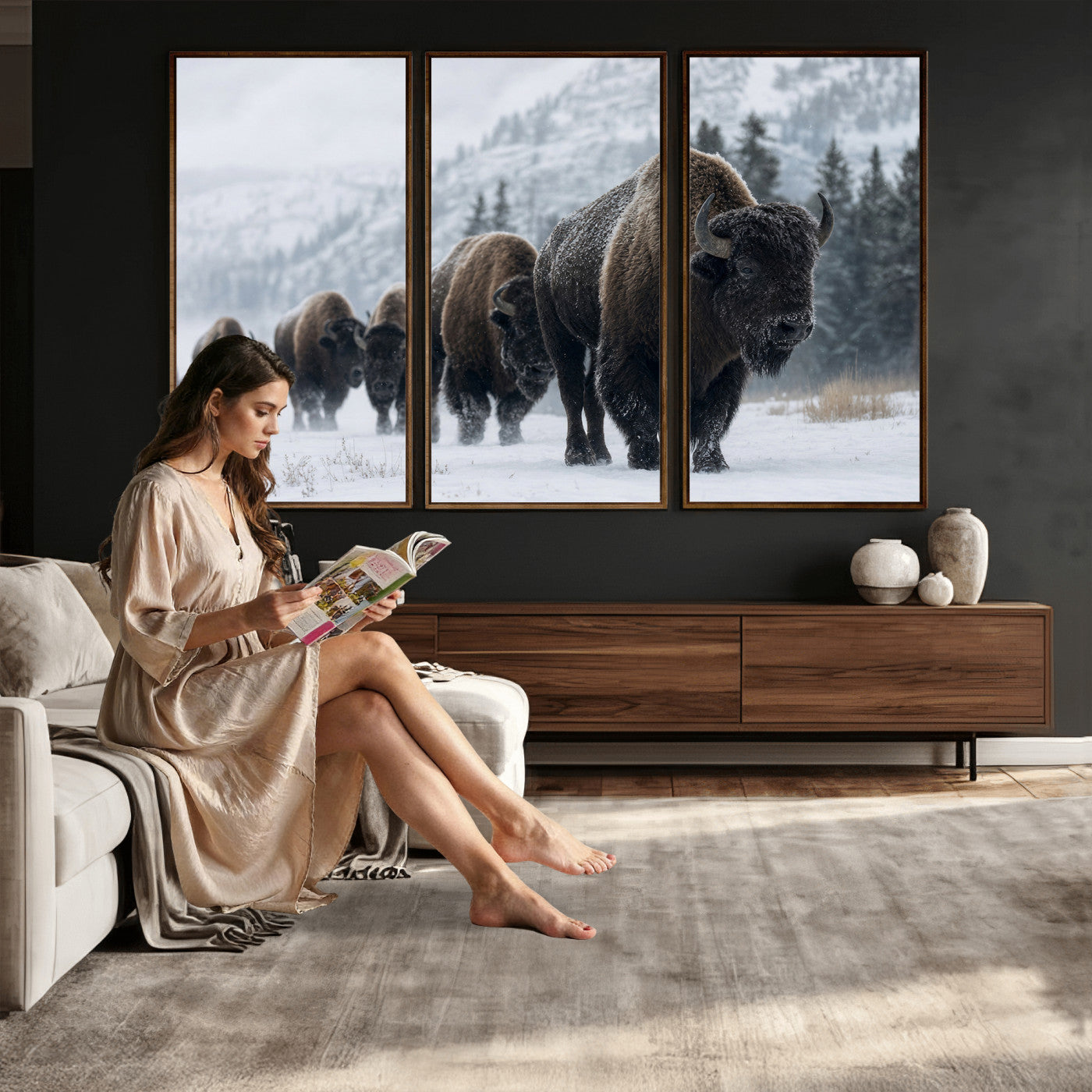 18343289-MGV-CV-36X24 - Rustic Bison Wall Art, American Buffalo Photo Print, Wildlife Canvas Artwork, Snowy Mountain Decor, Large Nature Poster, Cabin Gift Idea