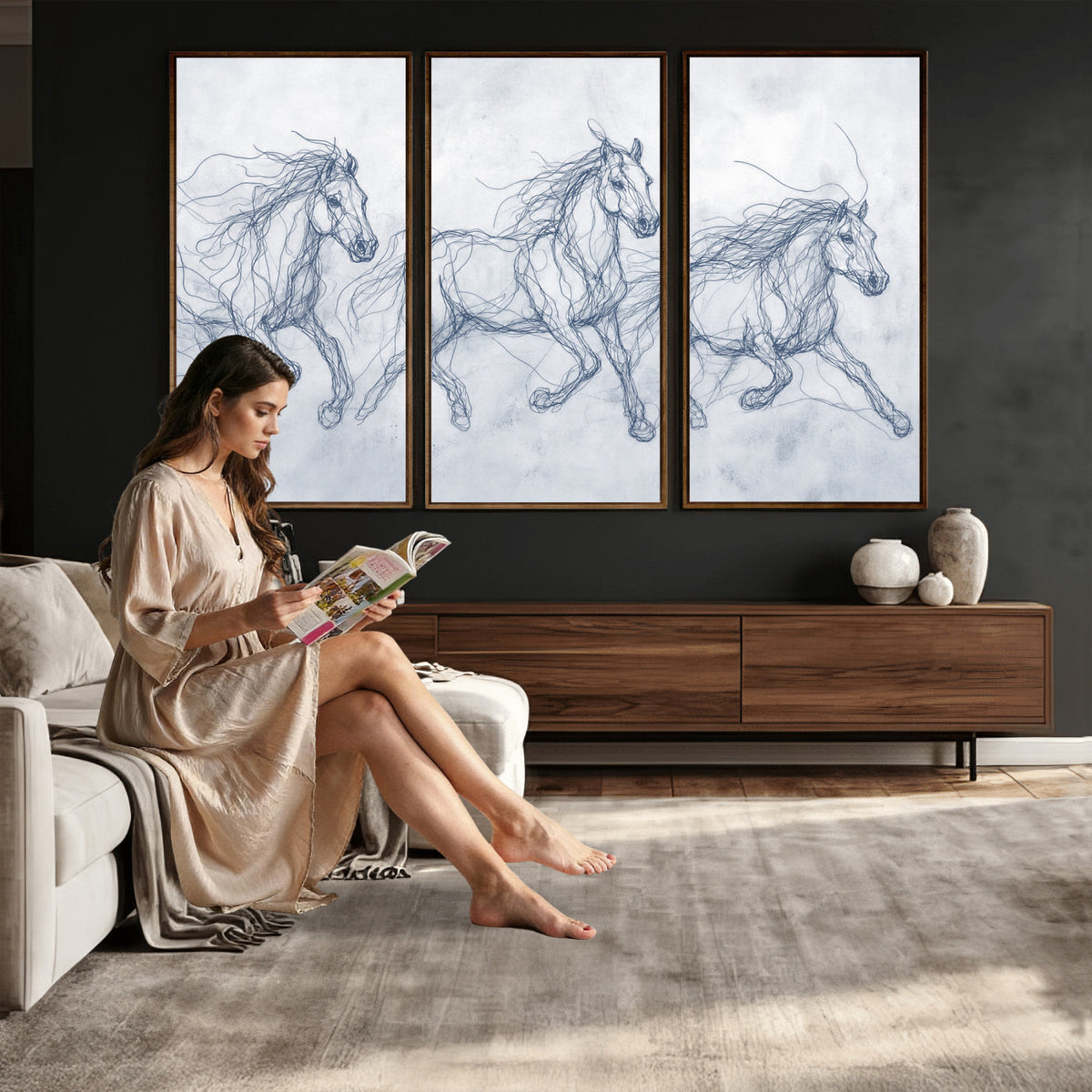 41163601-MGV-CV-36X24 - Indigo Blue Horse Line Art Canvas, Steel Grey Wild Horses Print, Abstract Navy Scribble Artwork, Modern Slate Equine Wall Decor, Coastal Ranch Gift