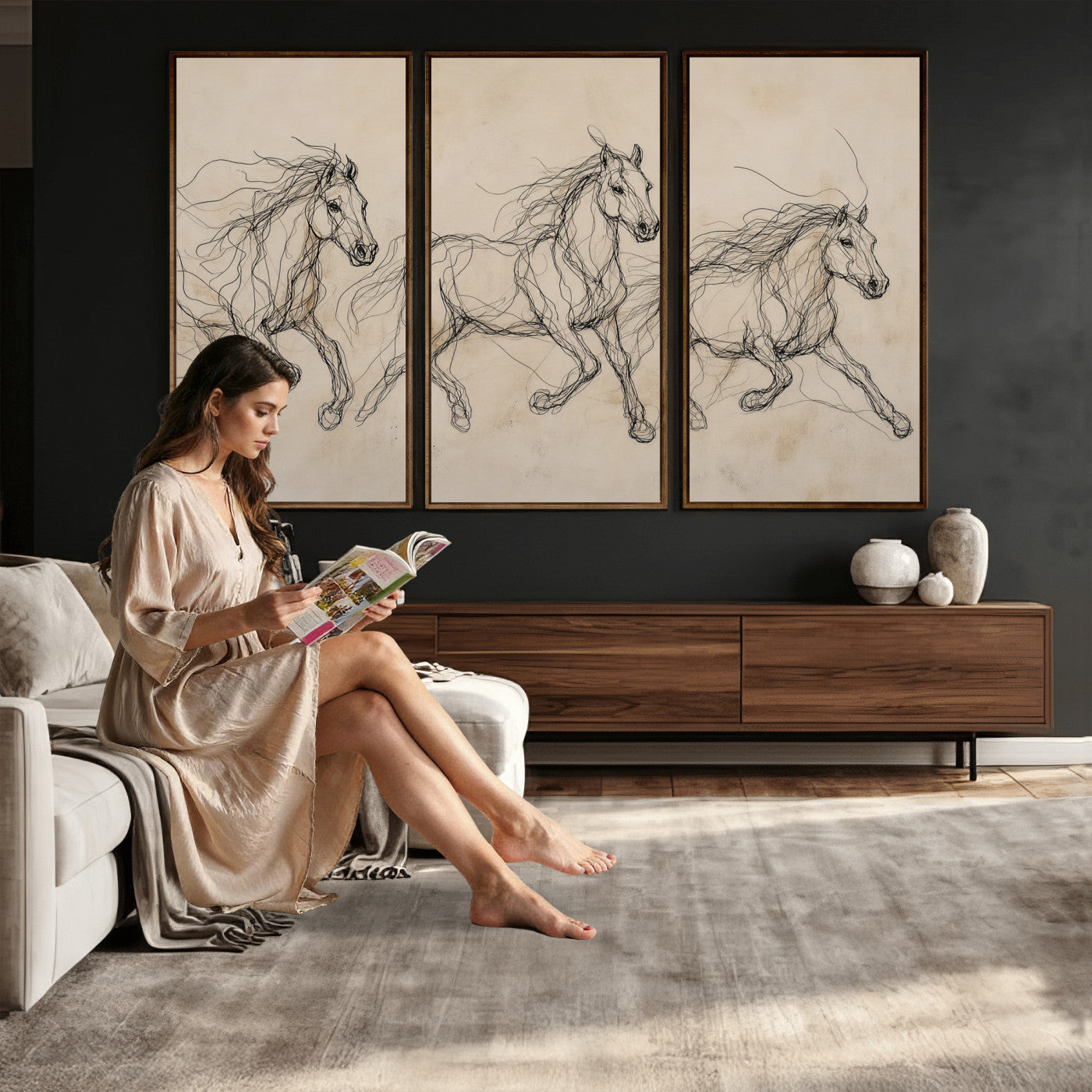 81051673-MGV-CV-36X24 - Abstract Horse Line Art Canvas, Gesture Sketch Wild Horses Print, Modern Scribble Artwork, Minimalist Equine Wall Decor, Rustic Studio Gift