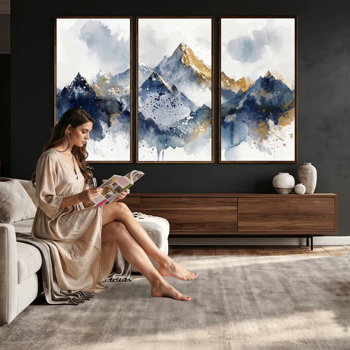 87460616-MGV-CV-36X24 - Abstract Mountain Canvas Wall Art, Blue Gold Foil Landscape Print, Modern Indigo Watercolor Poster, Large Abstract Nature, Luxury Office Gift